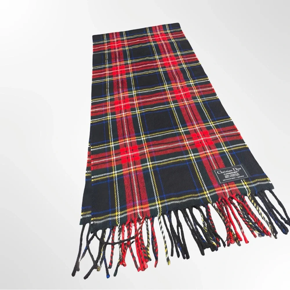Christian Dior Cashmere Tartan Plaid Scarf Red Green Fringe Made England 54”